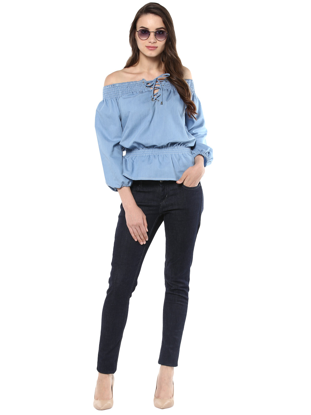 Women's  Denim Off Shoulder Lace Up Top