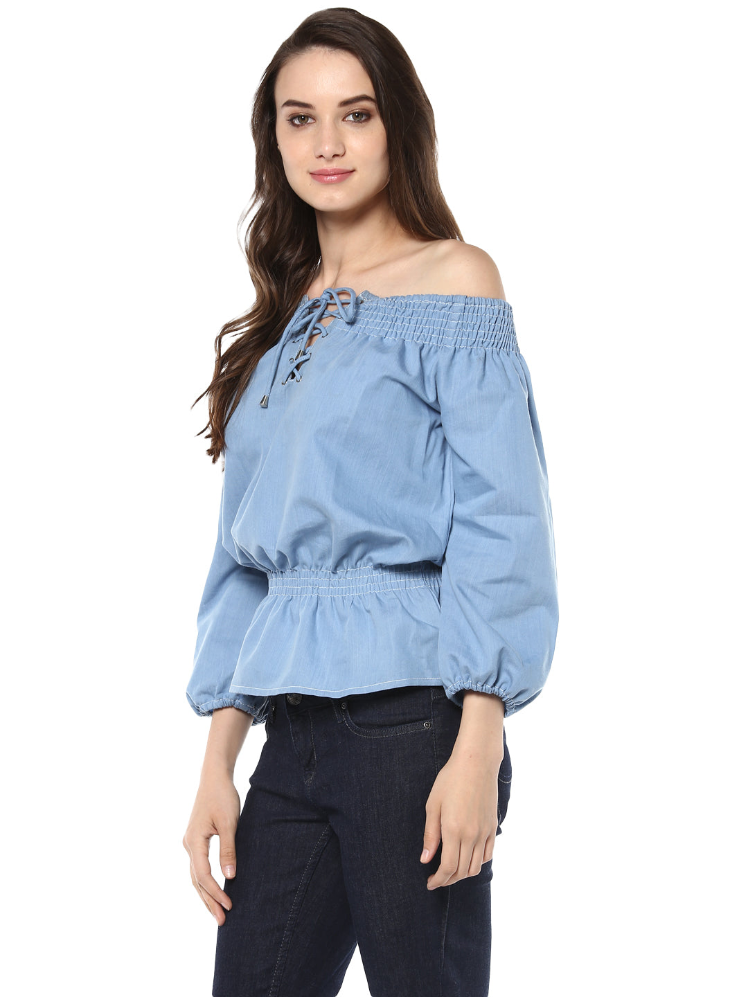 Women's  Denim Off Shoulder Lace Up Top