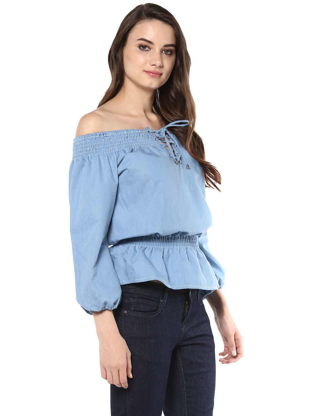 Women's  Denim Off Shoulder Lace Up Top