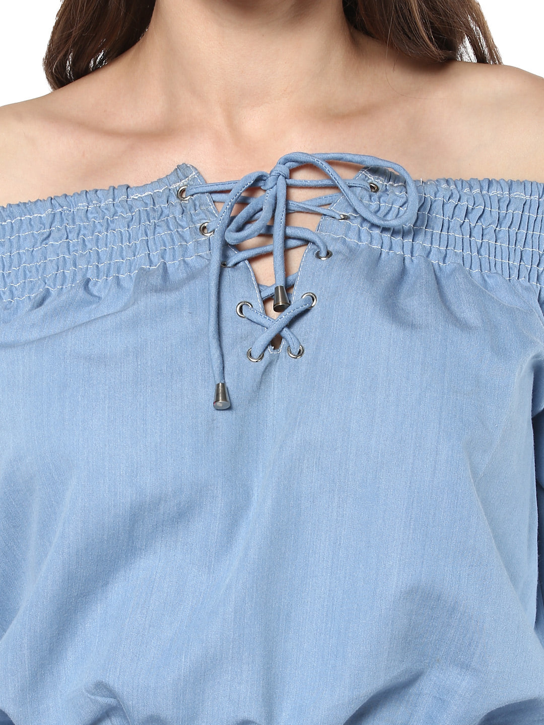 Women's  Denim Off Shoulder Lace Up Top