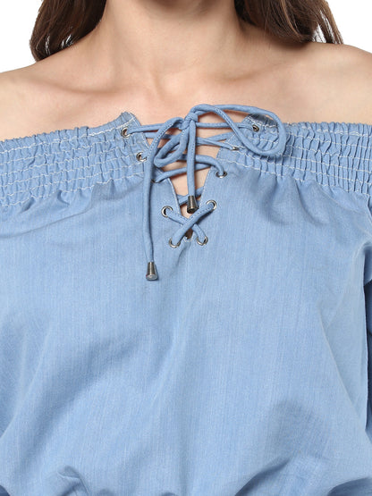Women's  Denim Off Shoulder Lace Up Top