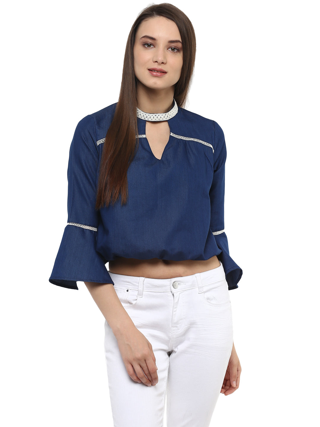 Women's  Denim peasant top with Lace detailing