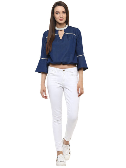 Women's  Denim peasant top with Lace detailing
