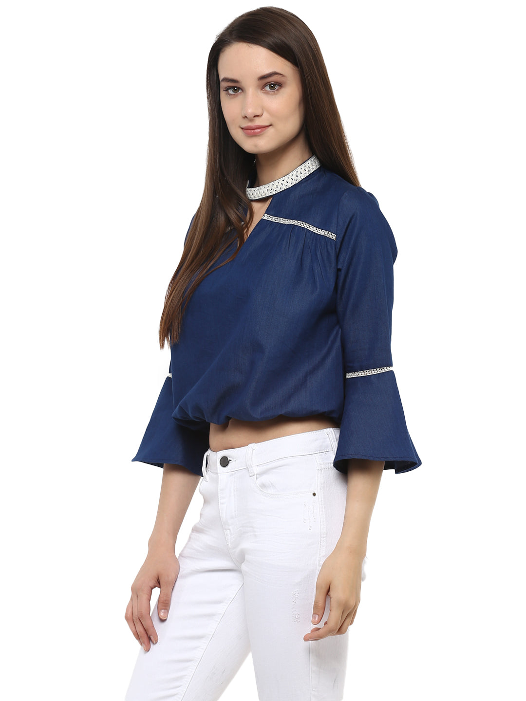 Women's  Denim peasant top with Lace detailing