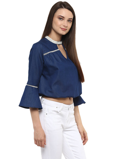 Women's  Denim peasant top with Lace detailing