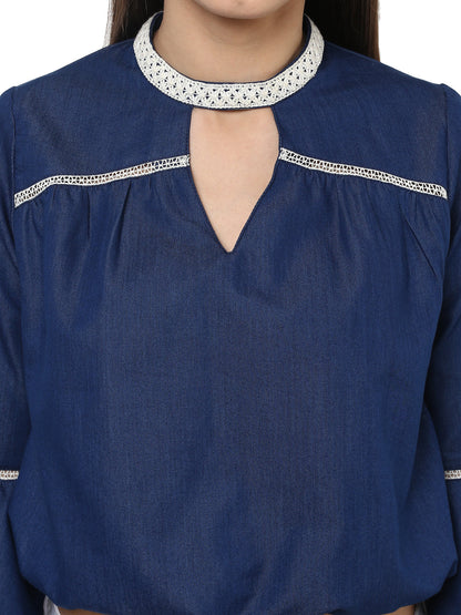 Women's  Denim peasant top with Lace detailing