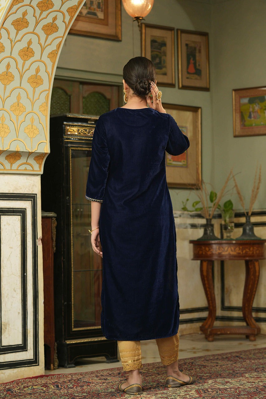 Women's  Navy Velvet Festive Solid Straight Kurta For Women