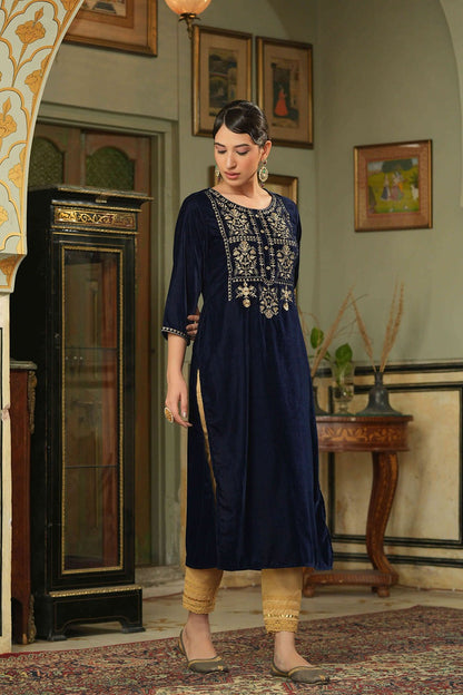 Women's  Navy Velvet Festive Solid Straight Kurta For Women