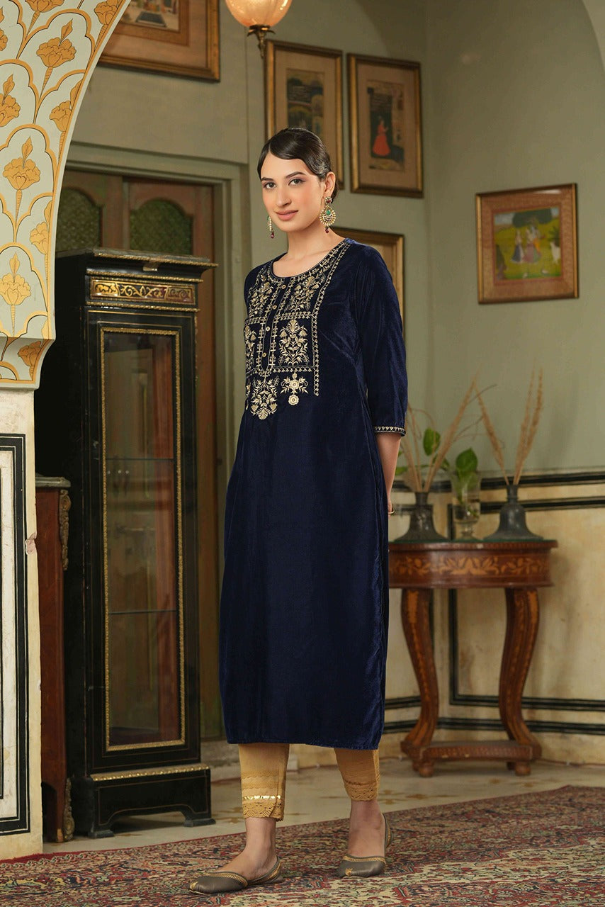 Women's  Navy Velvet Festive Solid Straight Kurta For Women
