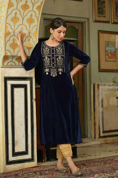 Women's  Navy Velvet Festive Solid Straight Kurta For Women