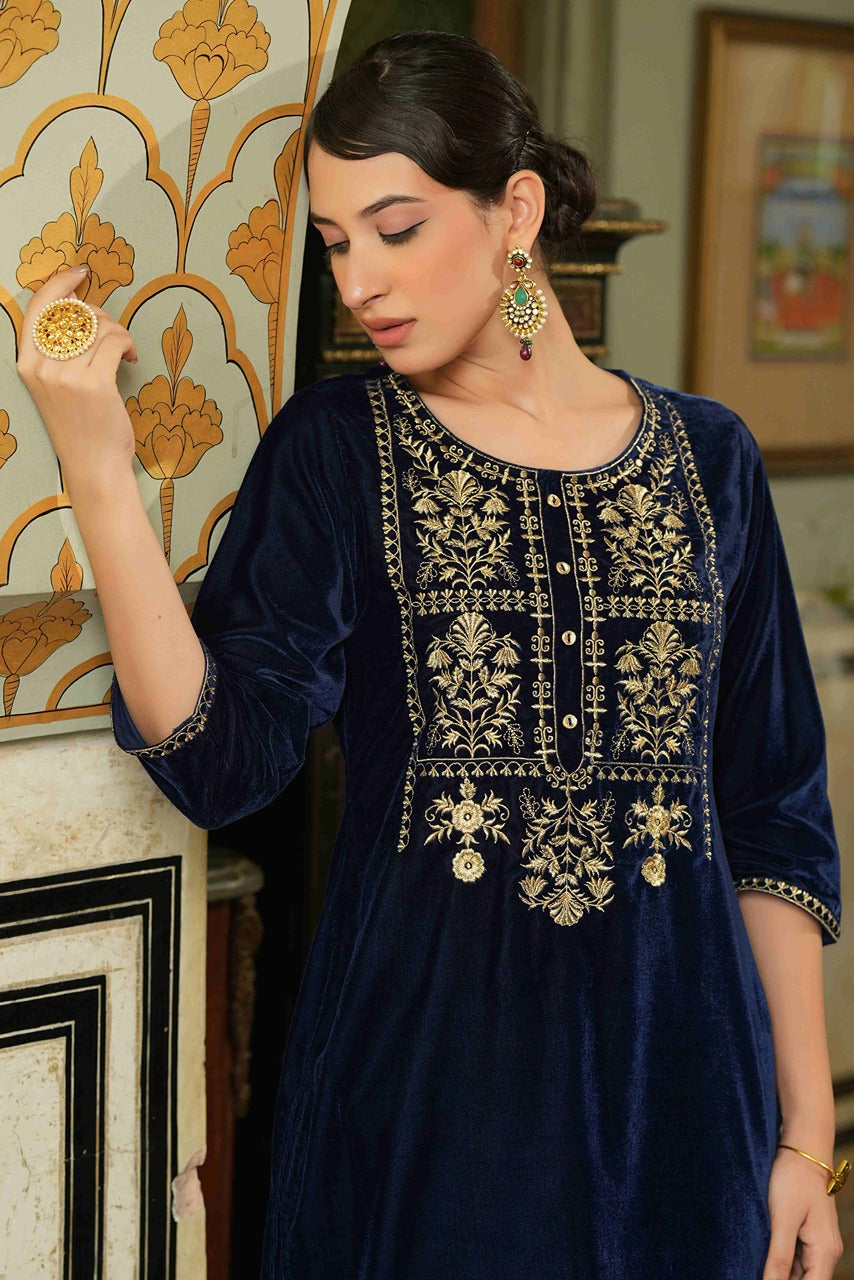 Women's  Navy Velvet Festive Solid Straight Kurta For Women