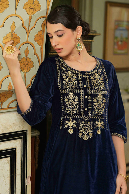 Women's  Navy Velvet Festive Solid Straight Kurta For Women