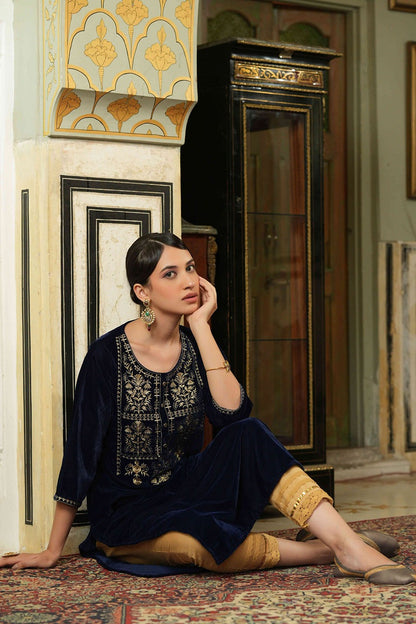 Women's  Navy Velvet Festive Solid Straight Kurta For Women
