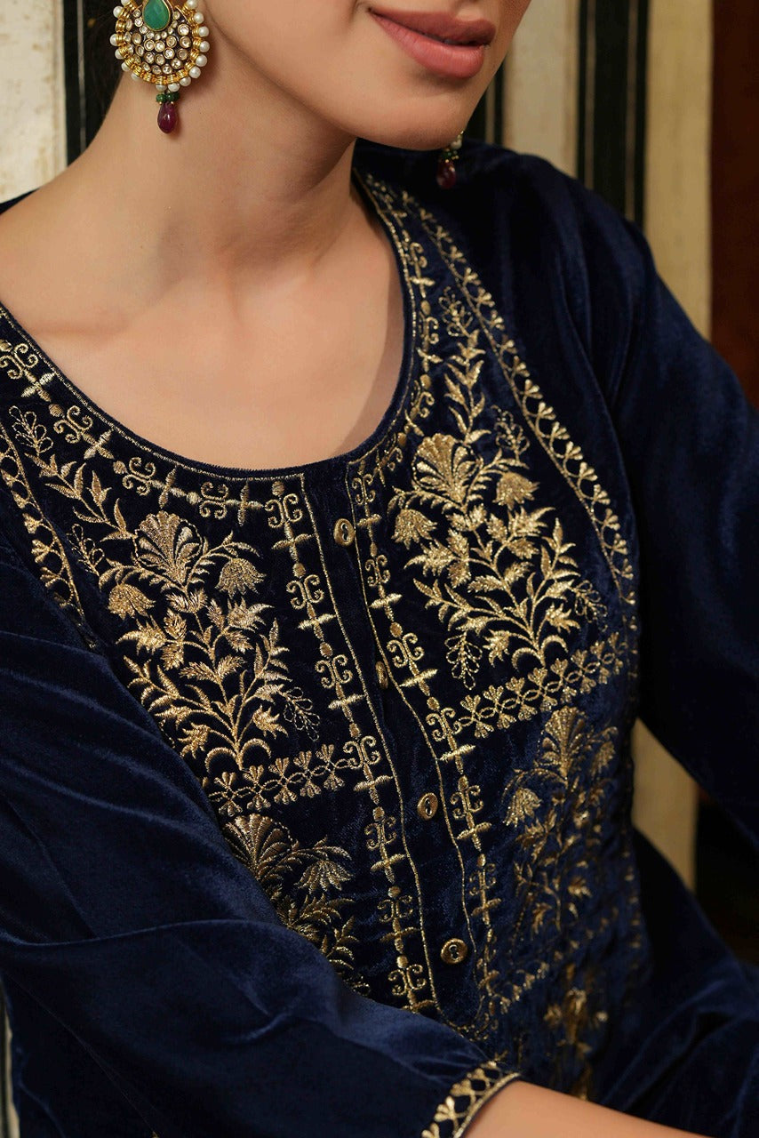 Women's  Navy Velvet Festive Solid Straight Kurta For Women