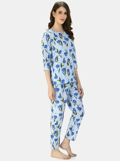 Women's BLue Cotton Printed Half Sleeve V Neck Casual Night Suit