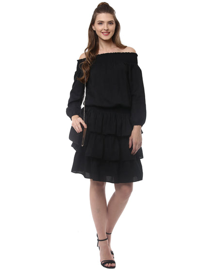 Women's Black Polyester Dress with Multiple Tiers