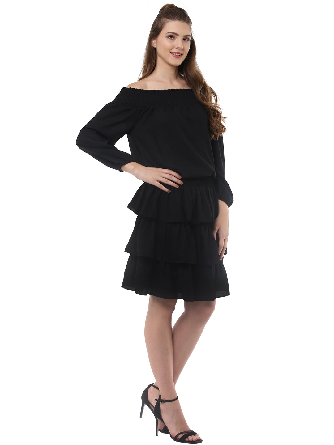 Women's Black Polyester Dress with Multiple Tiers