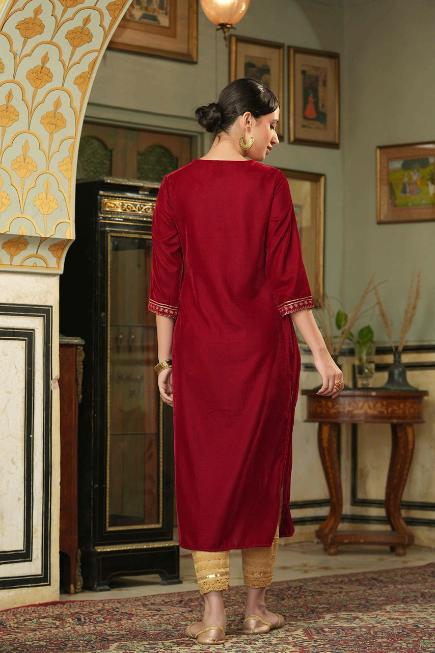 Women's Maroon Velvet Festive Solid Straight Kurta