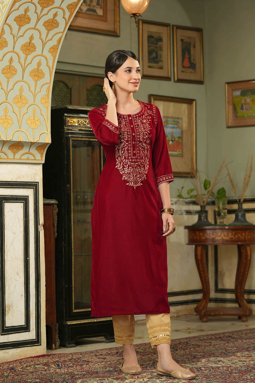 Women's Maroon Velvet Festive Solid Straight Kurta