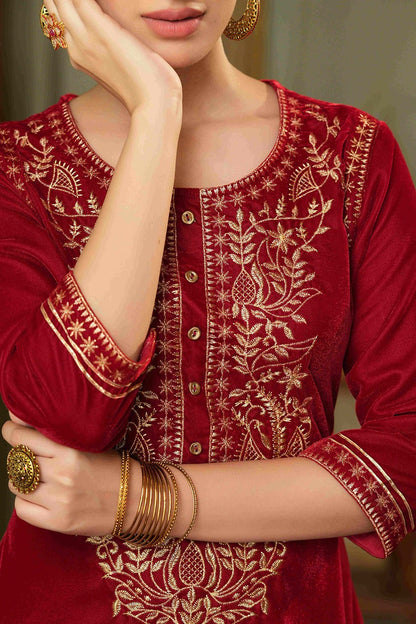Women's Maroon Velvet Festive Solid Straight Kurta