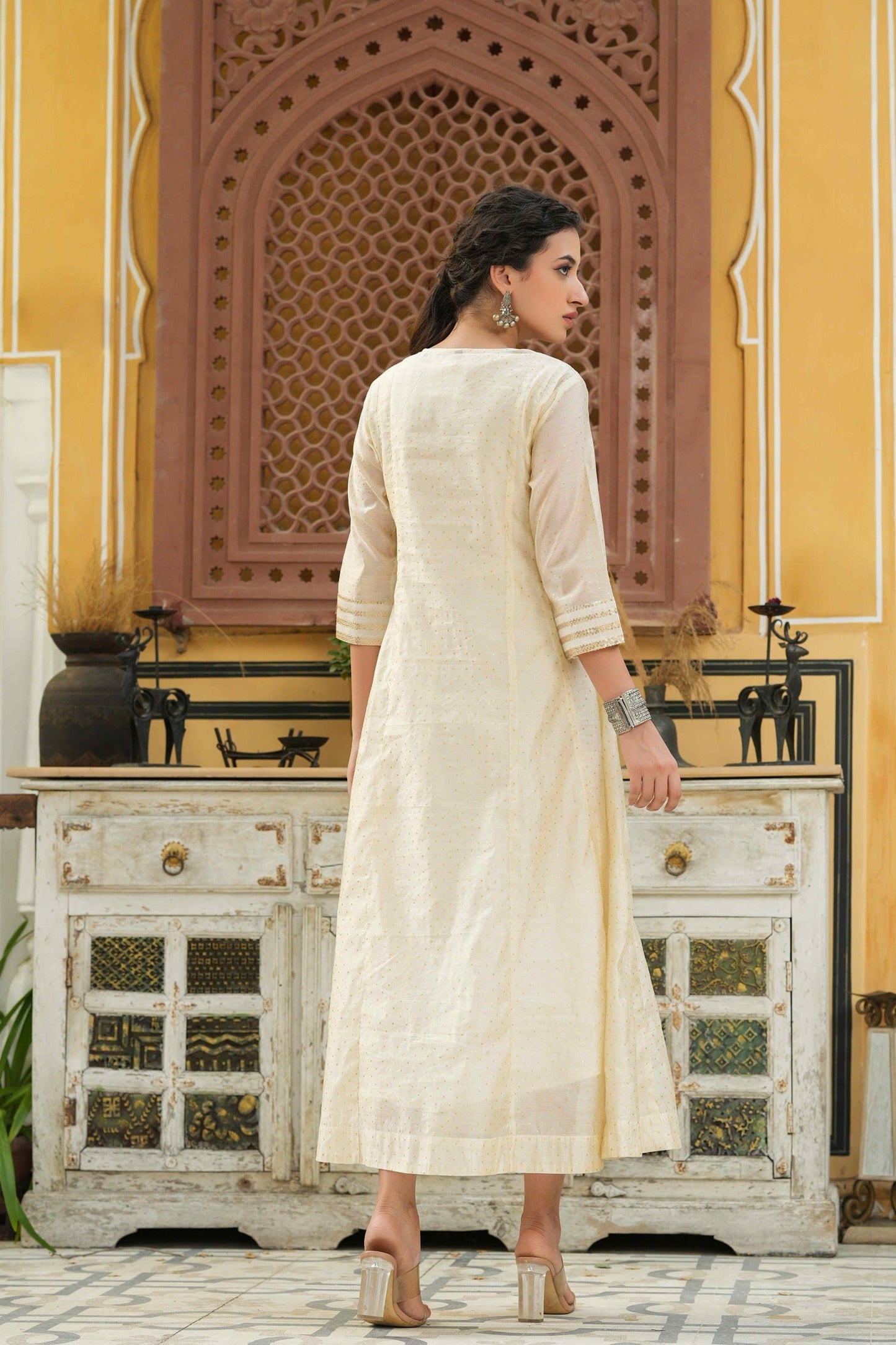 Women's  Beige Chanderi Festive Embroidered Printed Flared Kurta For Women