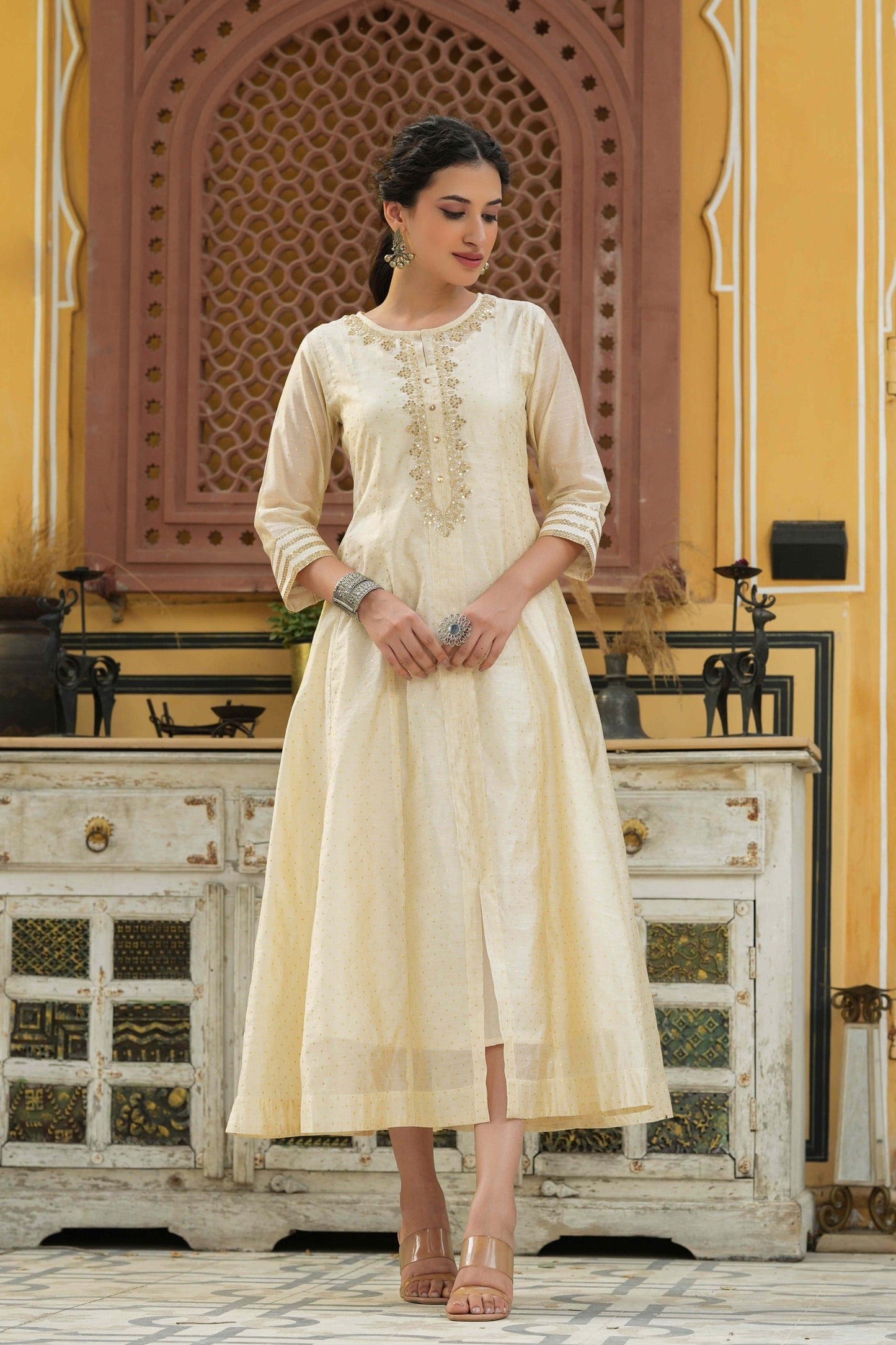 Women's  Beige Chanderi Festive Embroidered Printed Flared Kurta For Women