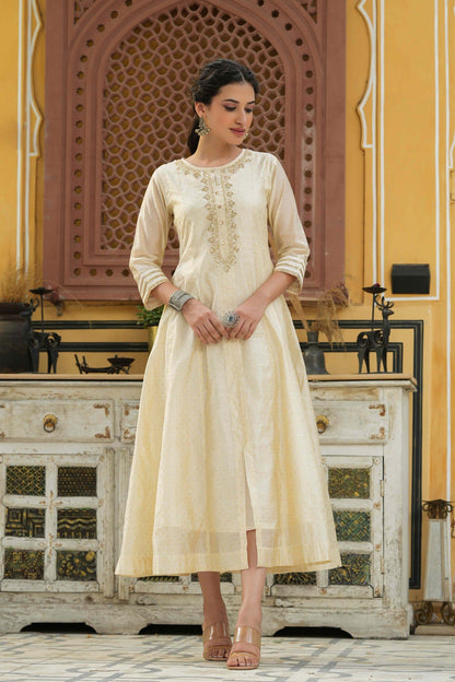 Women's  Beige Chanderi Festive Embroidered Printed Flared Kurta For Women