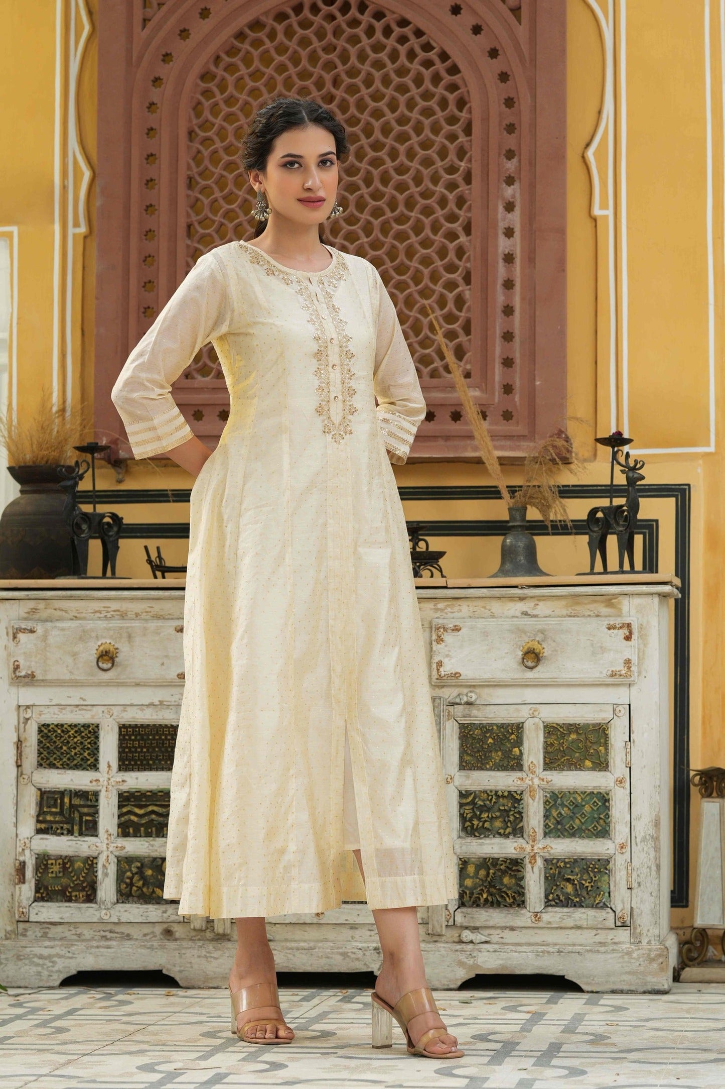 Women's  Beige Chanderi Festive Embroidered Printed Flared Kurta For Women