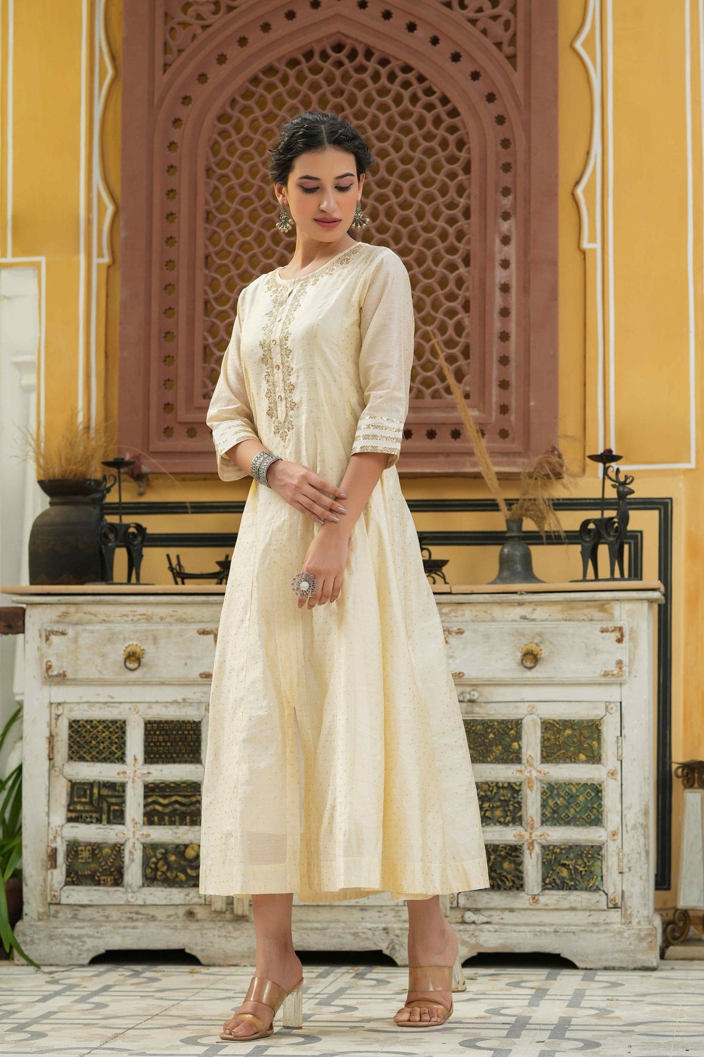Women's  Beige Chanderi Festive Embroidered Printed Flared Kurta For Women