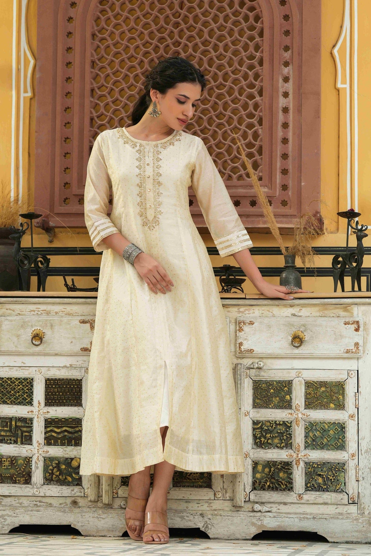 Women's  Beige Chanderi Festive Embroidered Printed Flared Kurta For Women