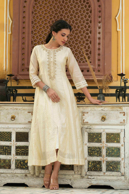 Women's  Beige Chanderi Festive Embroidered Printed Flared Kurta For Women