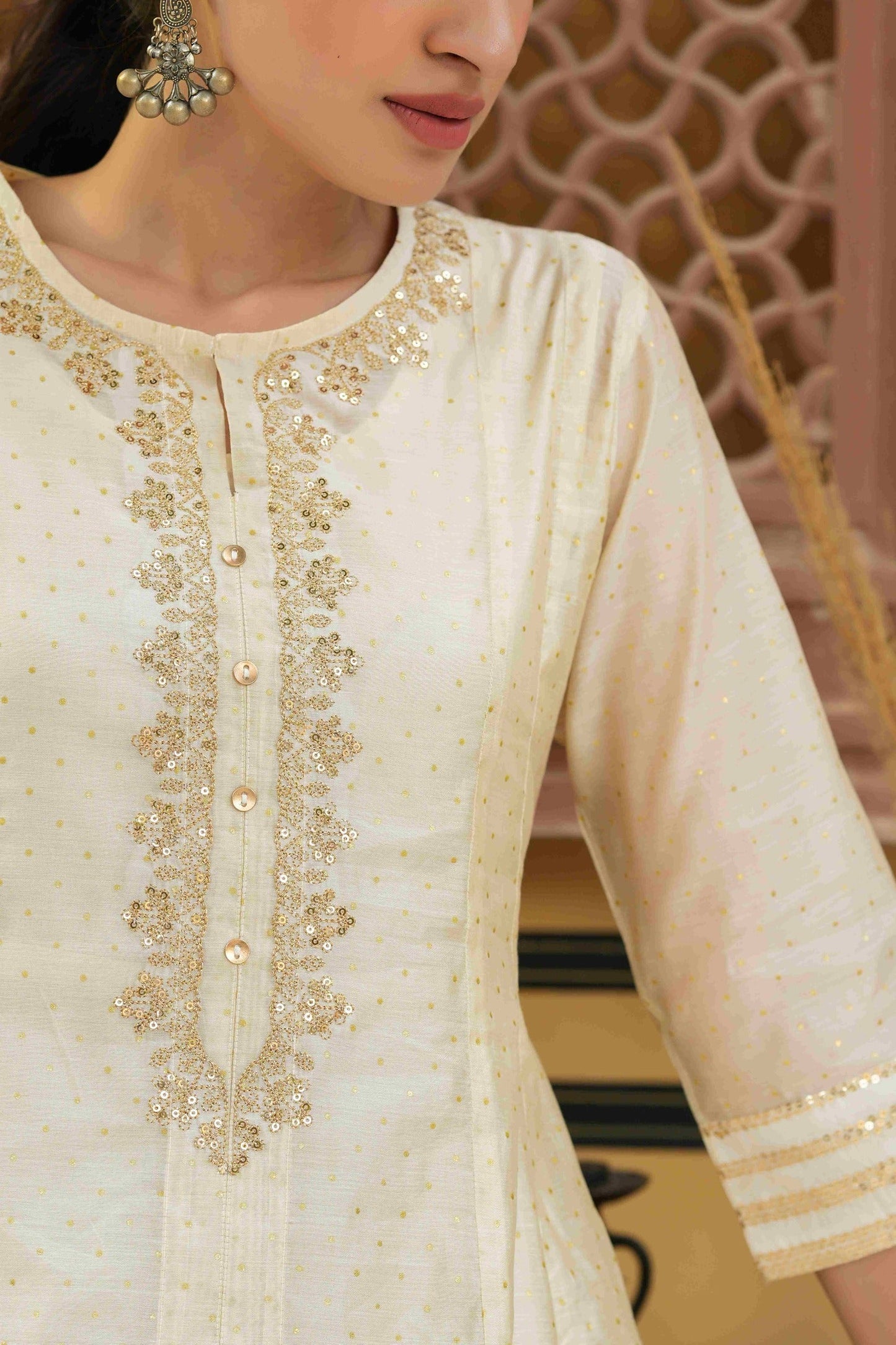 Women's  Beige Chanderi Festive Embroidered Printed Flared Kurta For Women