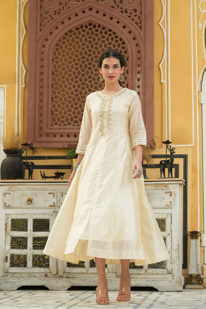 Women's  Beige Chanderi Festive Embroidered Printed Flared Kurta For Women