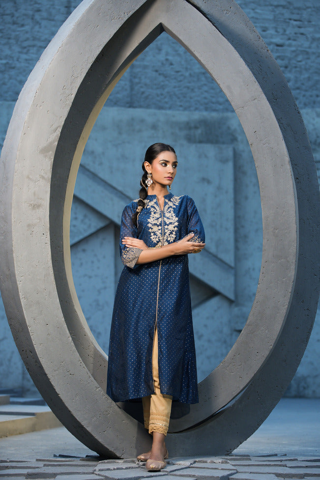 Women's  Blue Chanderi Festive Embroidered Printed A-Line Kurta For Women