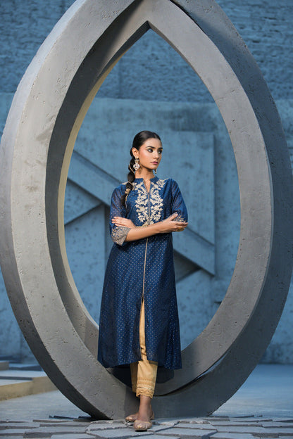 Women's  Blue Chanderi Festive Embroidered Printed A-Line Kurta For Women