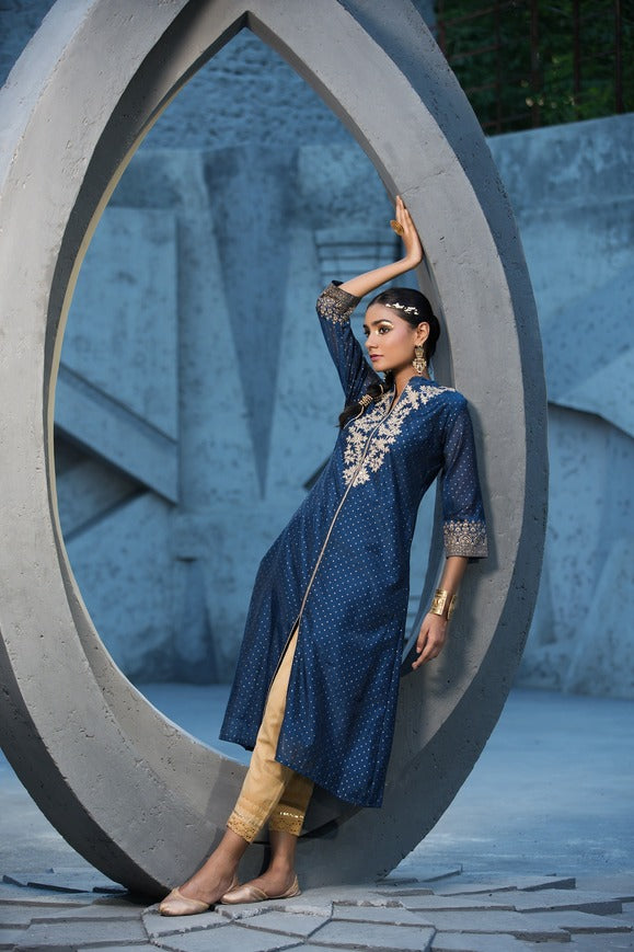 Women's  Blue Chanderi Festive Embroidered Printed A-Line Kurta For Women