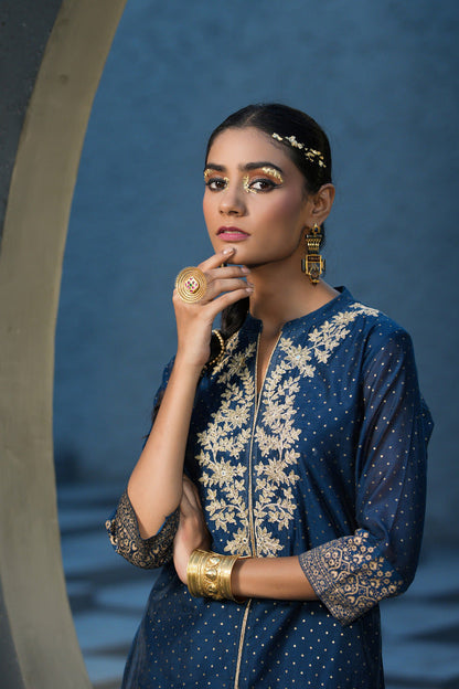 Women's  Blue Chanderi Festive Embroidered Printed A-Line Kurta For Women