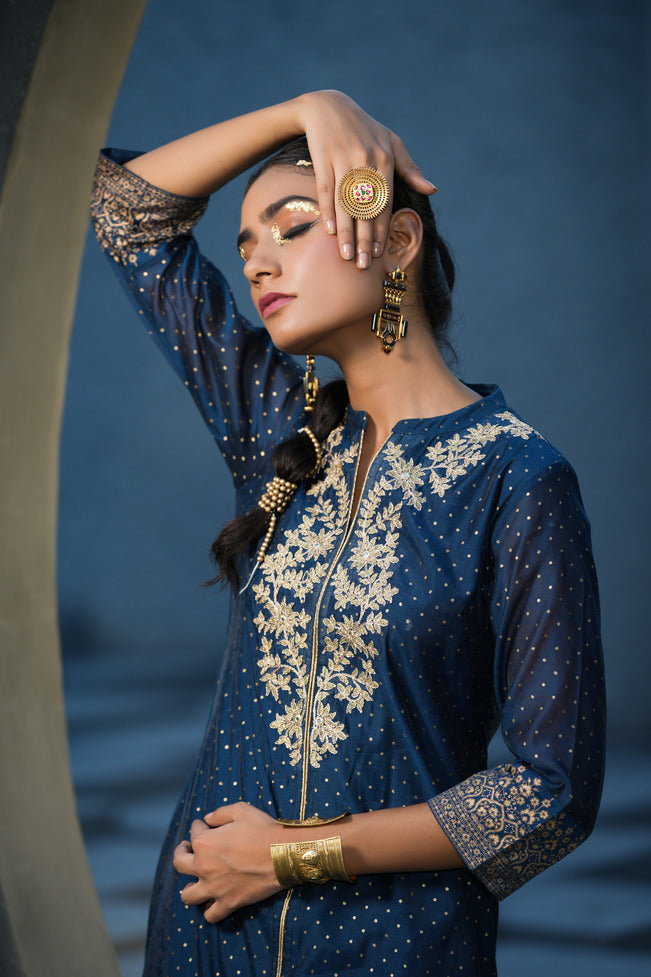 Women's  Blue Chanderi Festive Embroidered Printed A-Line Kurta For Women