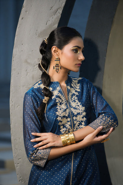 Women's  Blue Chanderi Festive Embroidered Printed A-Line Kurta For Women
