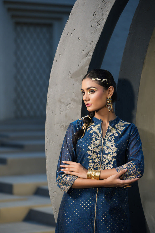 Women's  Blue Chanderi Festive Embroidered Printed A-Line Kurta For Women