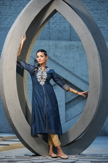 Women's  Blue Chanderi Festive Embroidered Printed A-Line Kurta For Women