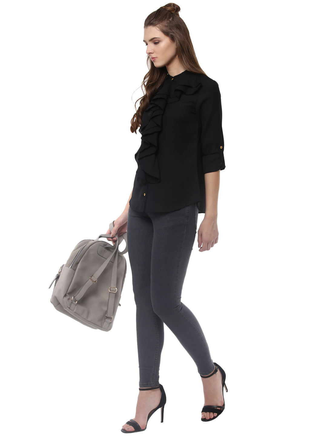 Women's Black Polyester Ruffle Top