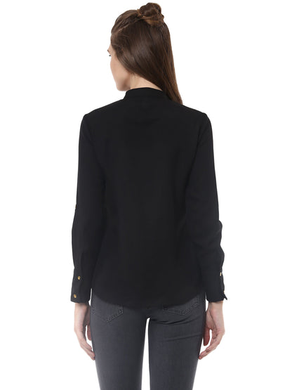 Women's Black Polyester Ruffle Top