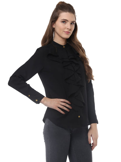Women's Black Polyester Ruffle Top