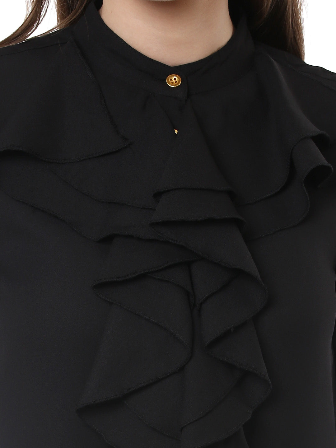 Women's Black Polyester Ruffle Top