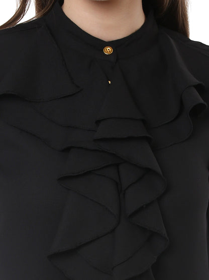 Women's Black Polyester Ruffle Top