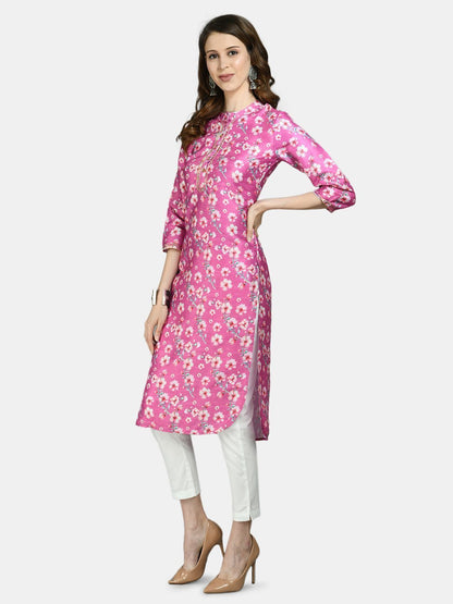 Women Pink Silk Printed Kurta by Myshka (