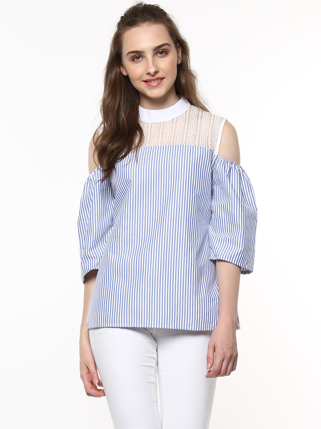 Women's Blue and White Stripe top with Lace detailing