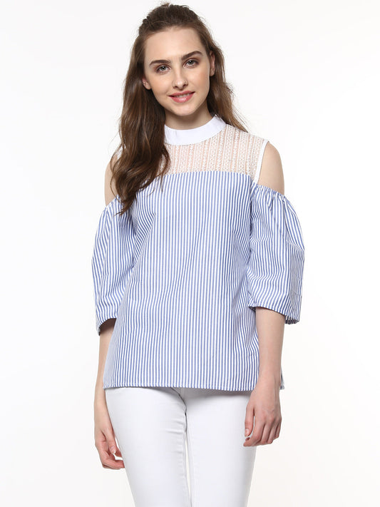 Women's Blue and White Stripe top with Lace detailing