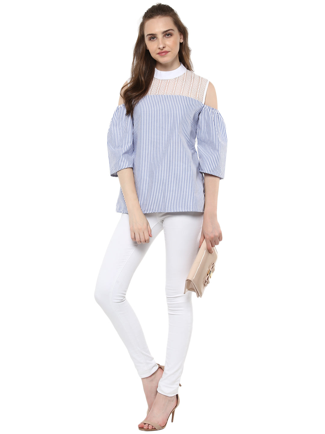Women's Blue and White Stripe top with Lace detailing